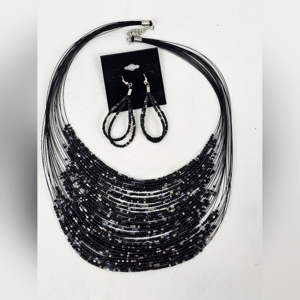 Multi Layer Beaded Necklace And Earring Set Statement Jewelry Black W Blue NEW